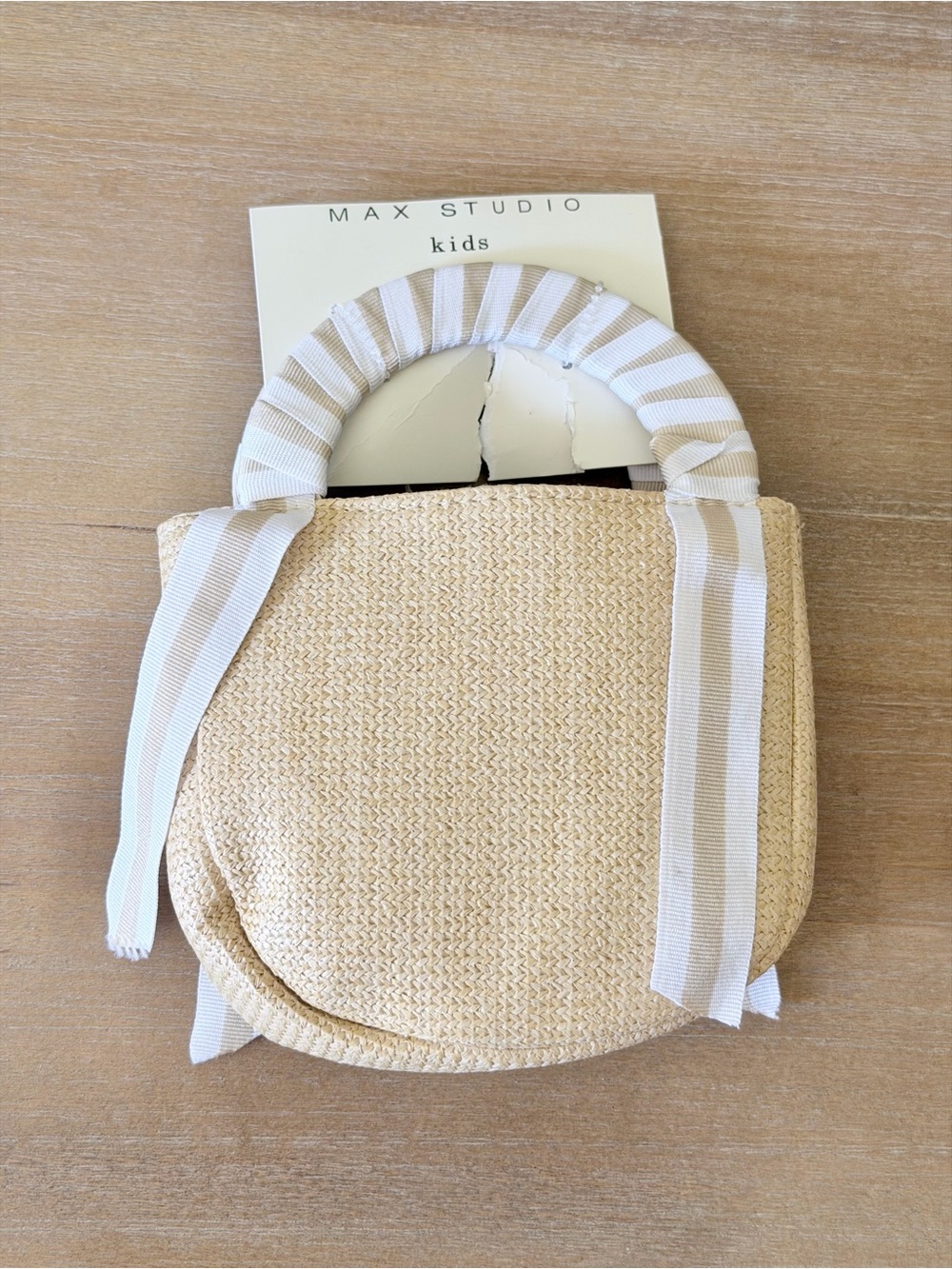 Max Studio Kids Mini Straw Tote with Striped Ribbon Handle Natural & White, NWT